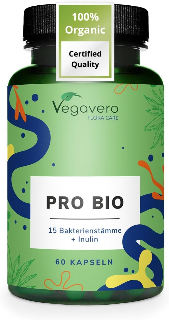 Vegavero Probiotics & Prebiotics | 100% Organic | 15 Strains (Lactobacillus + Bifidobacterium) | 15 Billion Active Bacteria & Inulin from Agave | 60 Vegan Capsules | NO Additives