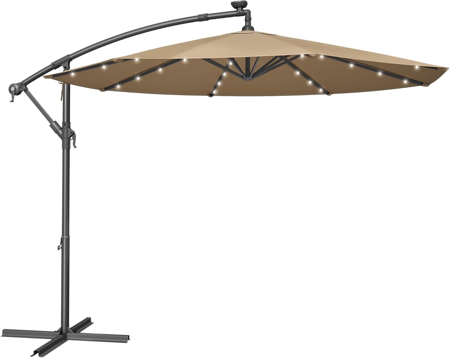 SONGMICS Cantilever Garden Parasol with Solar-Powered LED Lights, 3 m Banana Patio Umbrella with Base, Crank for Opening Closing, Sunshade with Protection UPF 50+, Taupe GPU118K01