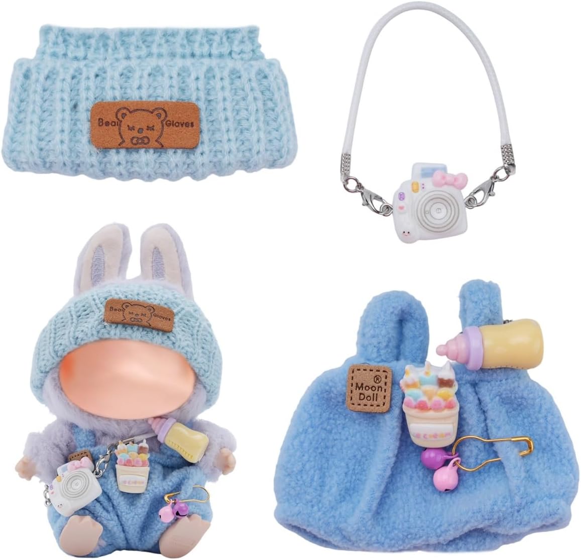 Blue Clothes for Labubu, Handcrafted Crochet 3-Piece Set for 17cm Labbu, Premium Outfit with Accessories for Labubu, Stylish Clothes for Labubu (Blue)