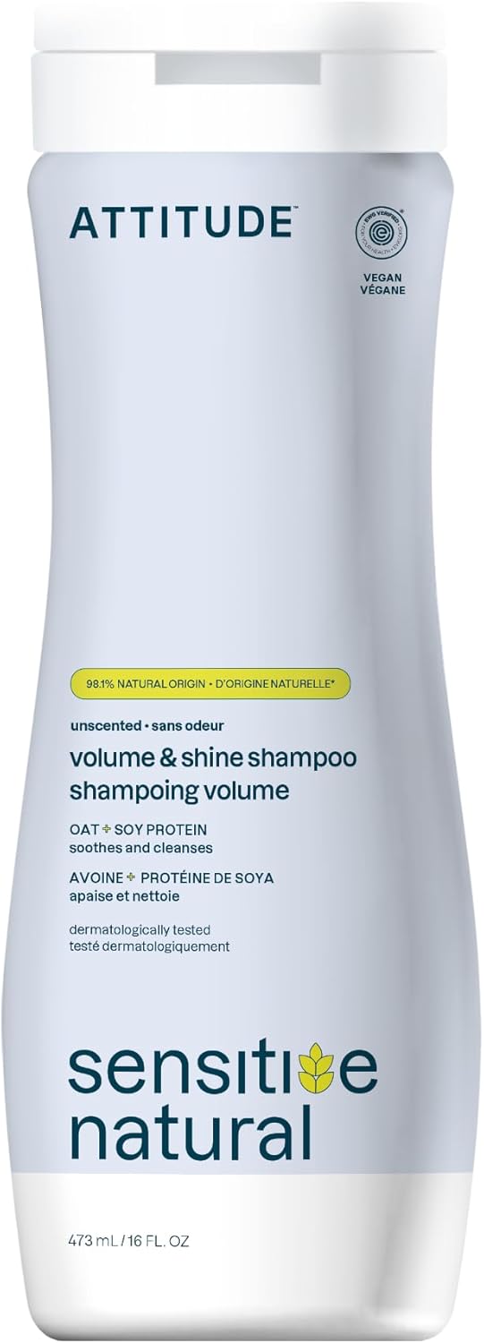 ATTITUDE Volume and Shine Hair Shampoo for Sensitive Dry Scalp, EWG Verified, Soothing Oat, For Thin Hair, Naturally Derived Ingredients, Vegan and Plant-Based, Unscented, 473 mL