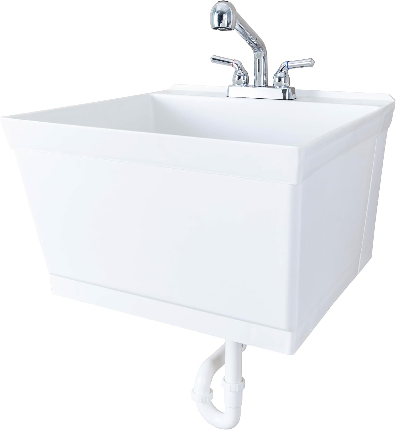 JS Jackson Supplies Tehila White Wall-Mounted Utility Sink Tub Kit with Chrome Finish Pullout Faucet, Wall-Mounted Utility Tub with Wall Bracket for Laundry Room, Garage, Workshop