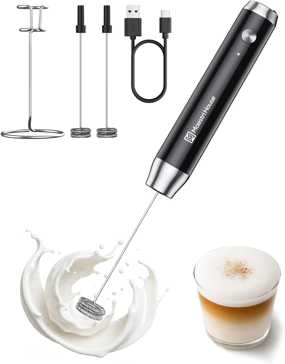 Maestri House Rechargeable Milk Frother with Stand, Handheld Electric Foam Maker Waterproof Detachable Stainless Steel Whisk Drink Mixer Foamer for Lattes, Cappuccino, LunaFro