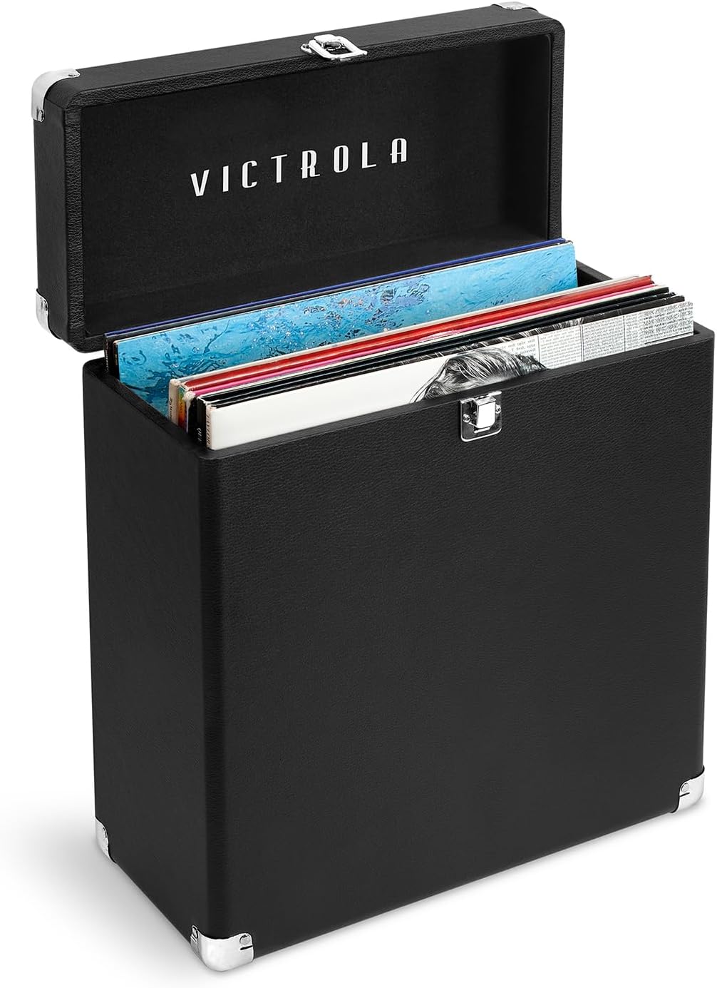 Victrola Vintage Vinyl Record Storage and Carrying Case, Fits all Standard Records - 33 1/3, 45 and 78 RPM, Holds 30 Albums, Perfect for your Treasured Record Collection, Black