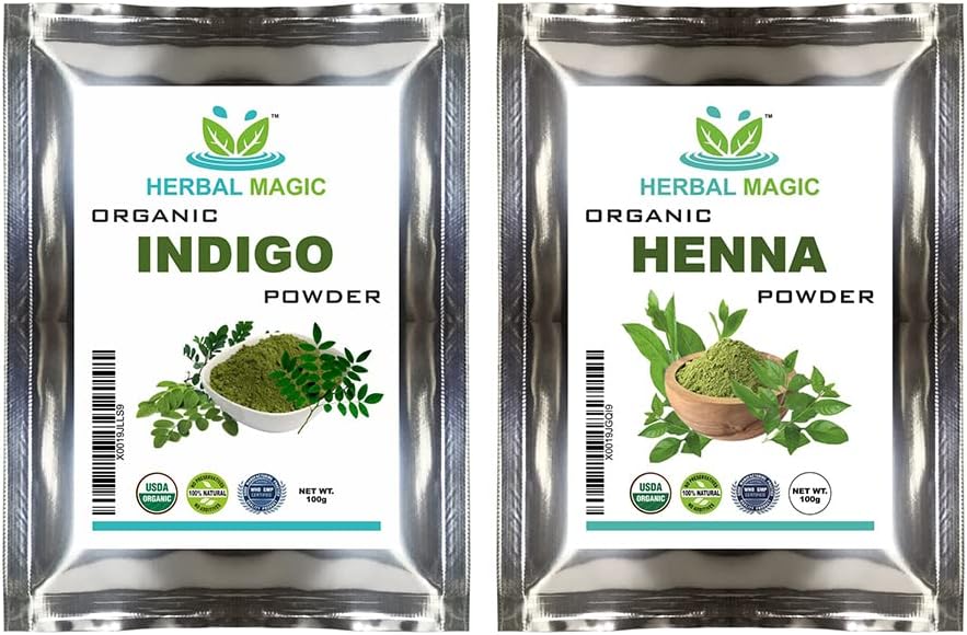 Herbal Magic Organic Henna Powder (100g) + Organic Indigo Powder(100g) for Hair Dye, USDA,Chemical Free Hair Coloring, Natural Hair Mask, Combo Pack,Premium Quality