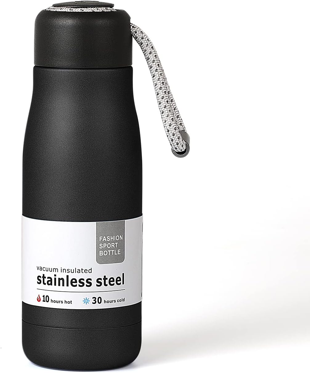 Water Bottles with Portable Lid，Hydro Insulated Thermal Flask for Hot or Cold Drinks 350ml Stainless Steel Metal Reusable Water Bottle for Kids, Adults, Midnight Black