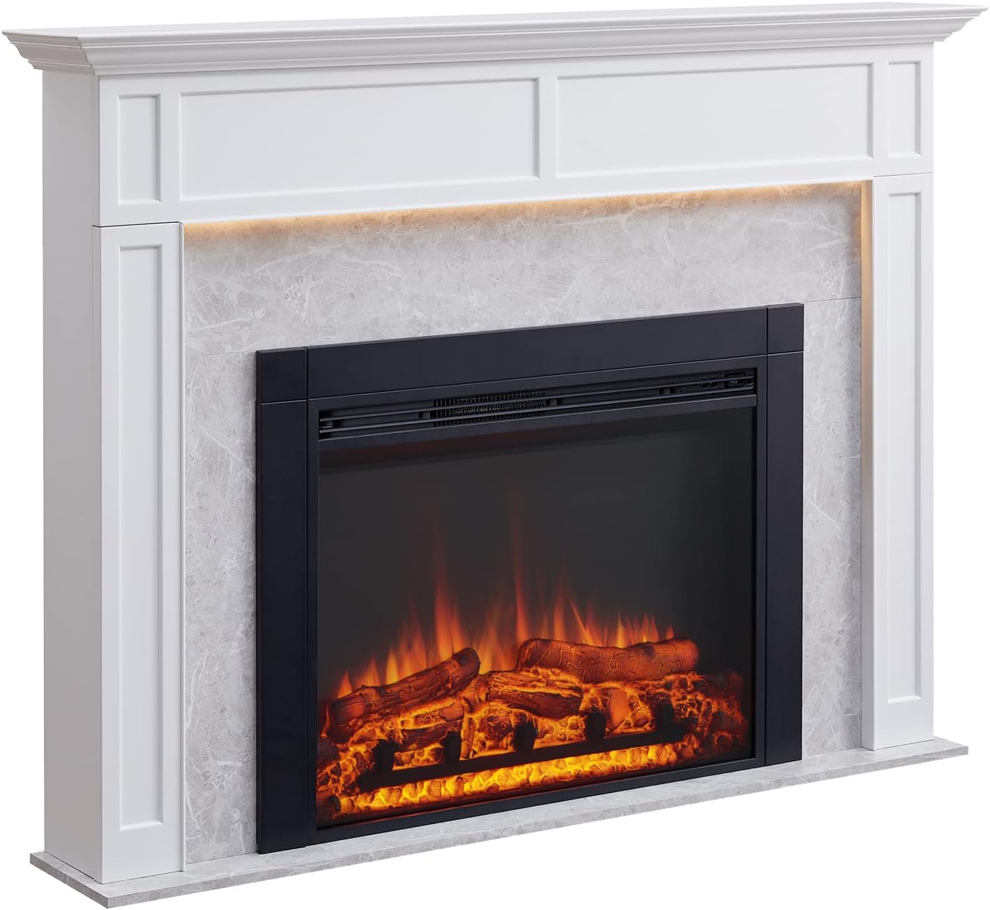LegendFlame® Ashley Electric Fireplace with 60" Mantel Surround and Jaden 36" Insert, Cream White with Light Grey Marble Finish