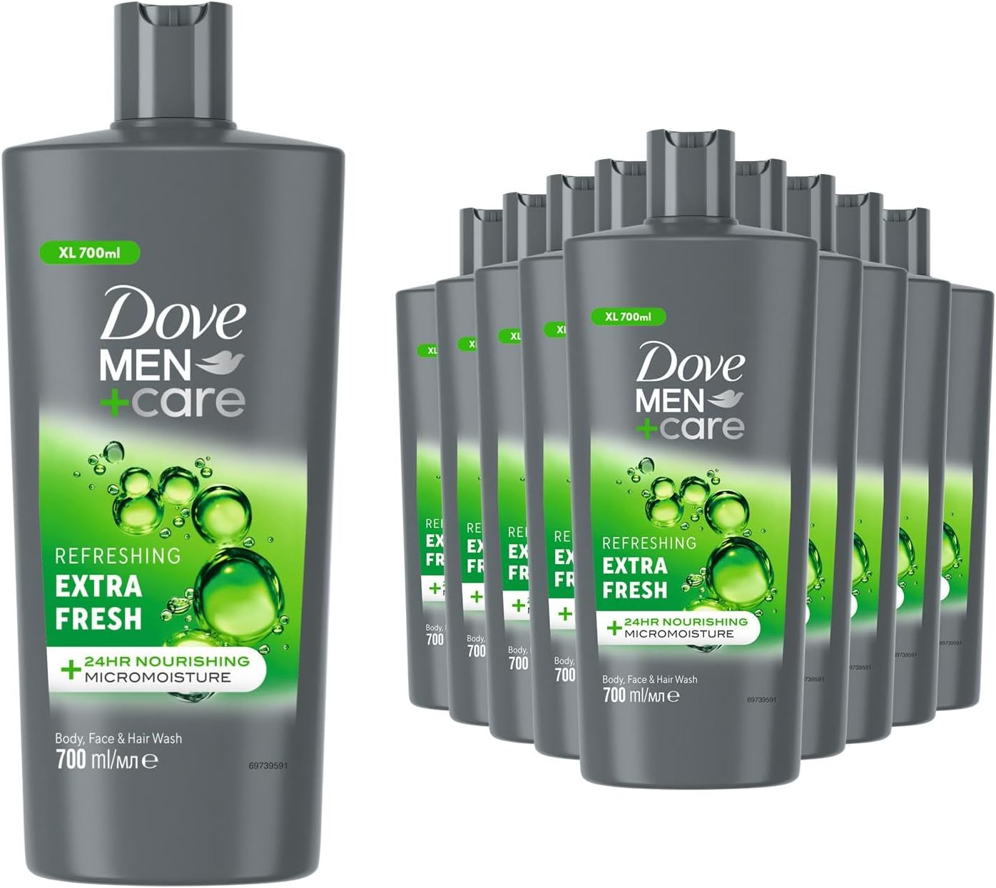 Dove Men+Care 3-in-1 Body, Face & Hair Wash Refreshing Extra Fresh Provides Hydration Enriched with Menthol Dermatologically Tested Body Wash for Men, 700ml Pack of 12