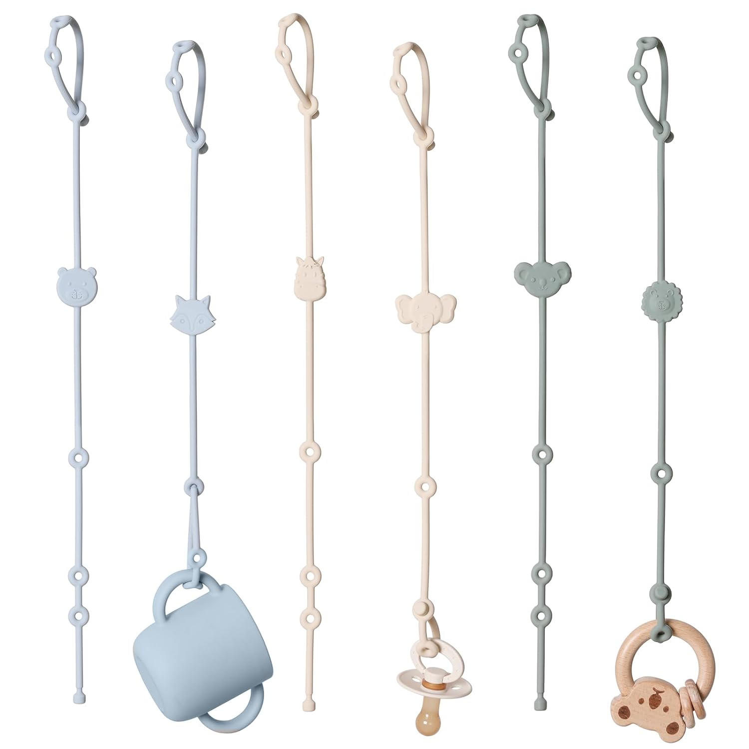 ROCCED Toy Straps for Baby 6pcs, Silicone High Chair Toys Straps Stroller Accessories Toddler Bottle Strap Car Seat Toys Baby Travel Essential Silicone Ivory+Sage+Blue