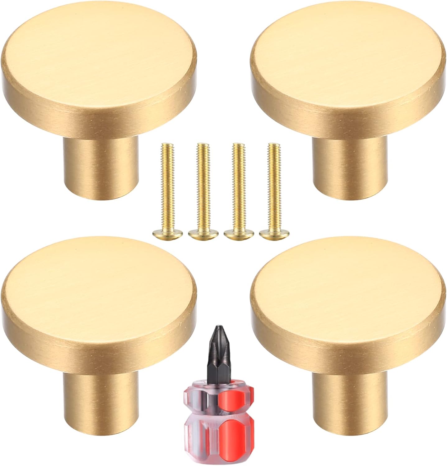 Yibaijia 4 Pcs Round Cabinet Knobs, Gold Brass Drawer Knobs, Door Kitchen Hardware Cupboard Knob, Stainless Steel Single Hole Handle with Screws for Home Decorating, Cupboard, Wardrobe (20mmx25mm)
