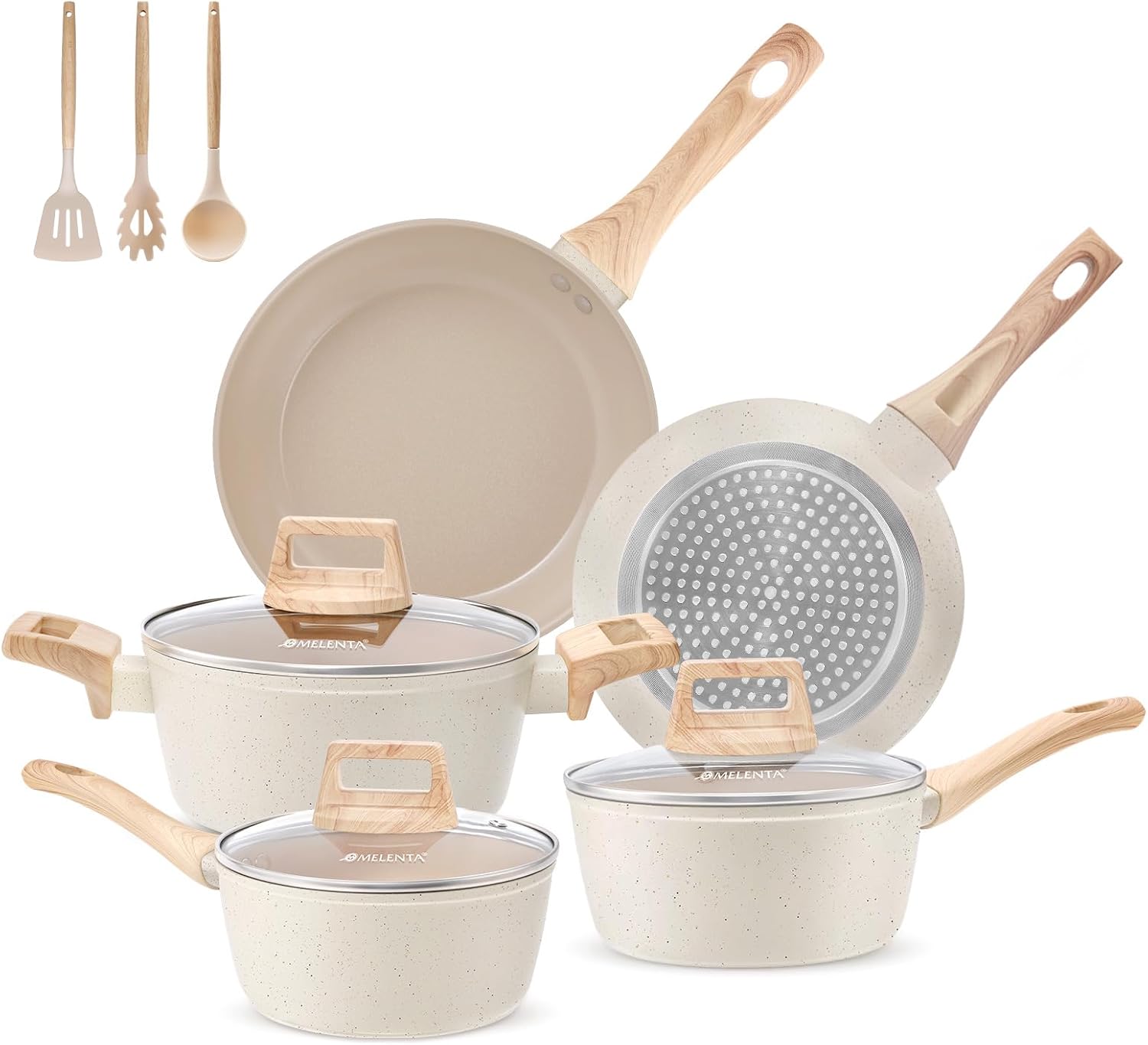 Pots and Pans Set Non Stick, 11 Piece Die-Cast Induction Hob Pan Set, Ceramic Cookware Set Nonstick Cooking Sets with Frying Pans, Saucepan Set, 100% PFOA Free, Cream