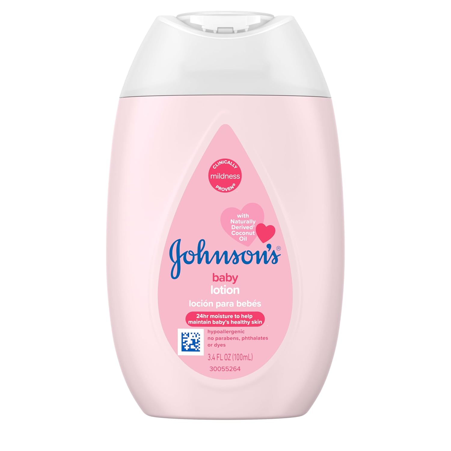 Johnson's Moisturizing Mild Pink Baby Lotion with Coconut Oil for Delicate Baby Skin, Dye-Free, Hypoallergenic & Dermatologist-Tested, Baby Skin Care, 3.4 fl. oz
