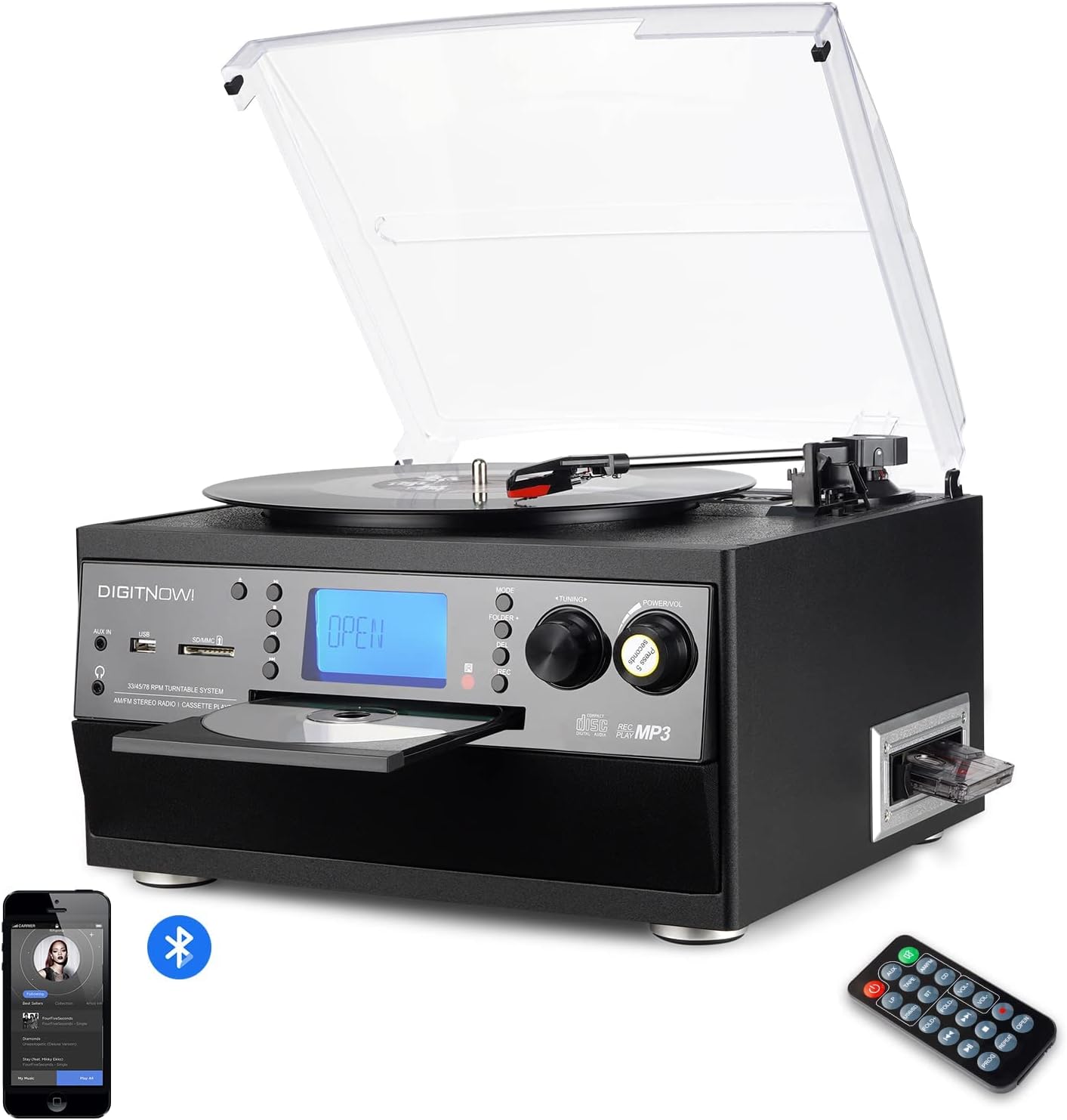 DIGITNOW! Bluetooth Viny Record Player Turntable, CD, Cassette, AM/ FM Radio and Aux in with USB Port & SD Encoding- Remote Control, Built-in stereo speaker, Stand Alone Music Player