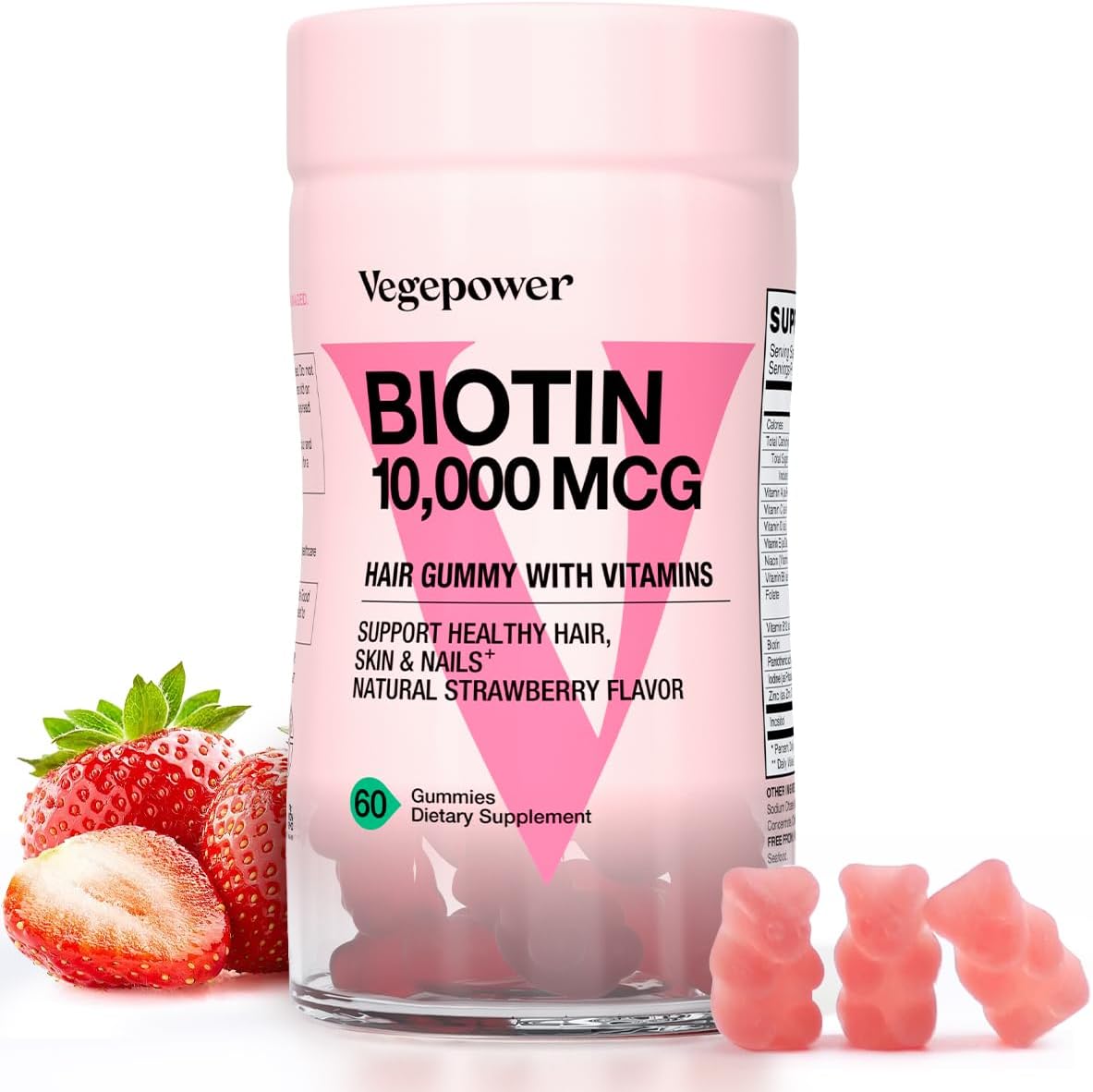 Biotin 10000mcg Hair Growth Gummies - Vegan Biotin Supplement Supports Healthy Hair, Skin and Nails, Non-GMO Hair Vitamin Gummy for Women Men Strawberry 60 Bears