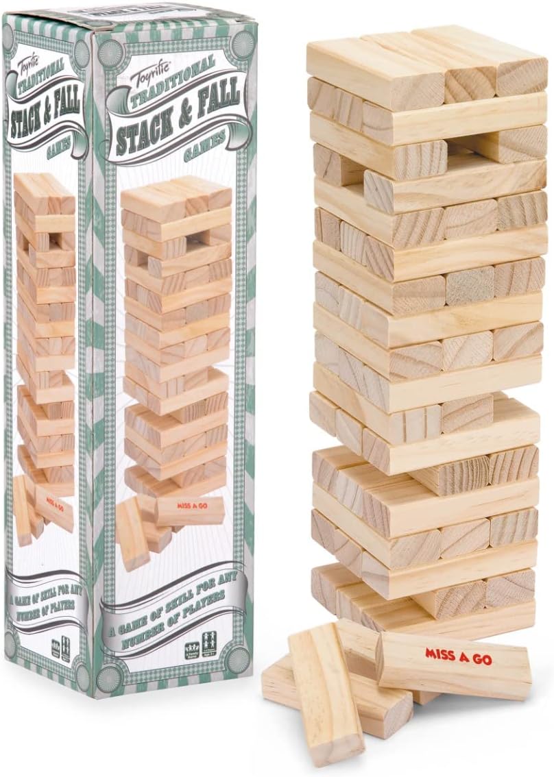 Toyrific Stack and Fall Tumble Tower Game Stacking Balance Game Set 57 Wooden Blocks