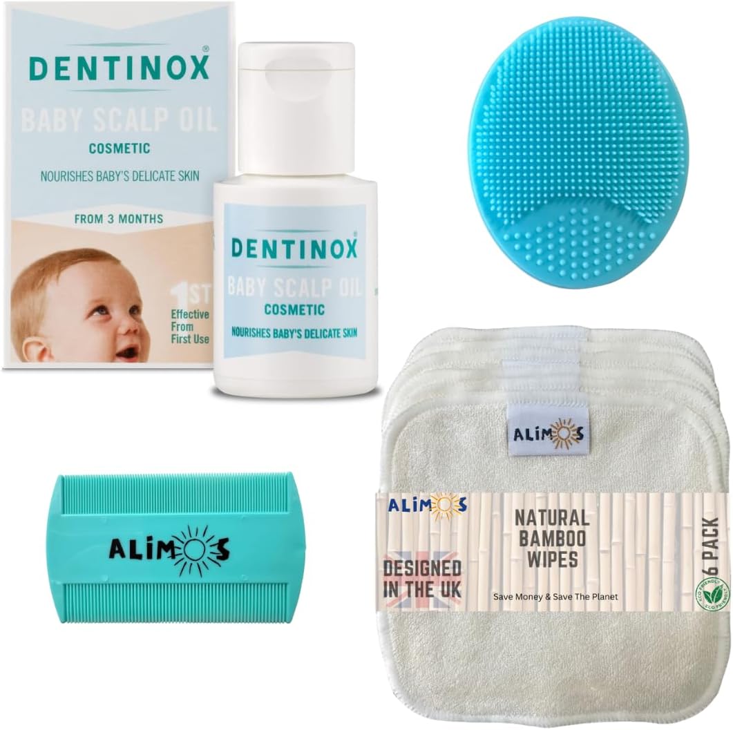 Dentinox Baby Scalp Oil Bundled with Alimos Cradle Cap Silicone Brush & Fine Tooth Comb – Moisturises & Nourishes Dry Skin – With 6 pack Bamboo Baby Wipes – 3 Months & Upward (30ml)