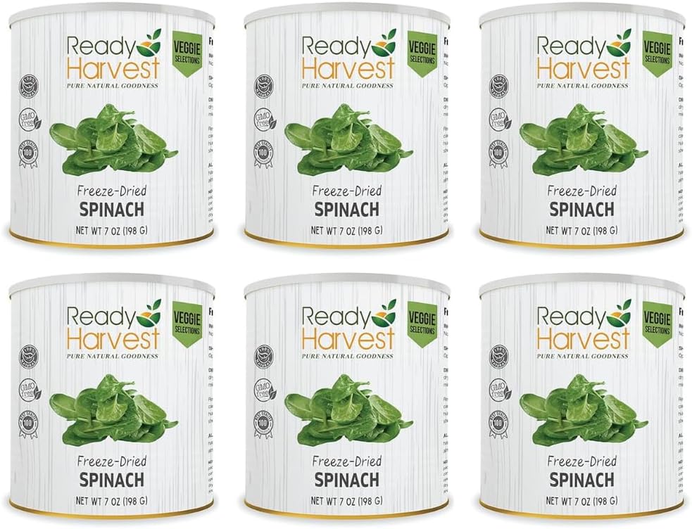 Ready Harvest Freeze-Dried Spinach Canned Vegetables Freeze-Dried Food Pantry Staples Survival Food, Bug Out Bag, Camping Essentials, Veggie Snacks #10 Can | 25-year shelf life 6 cans 7oz each