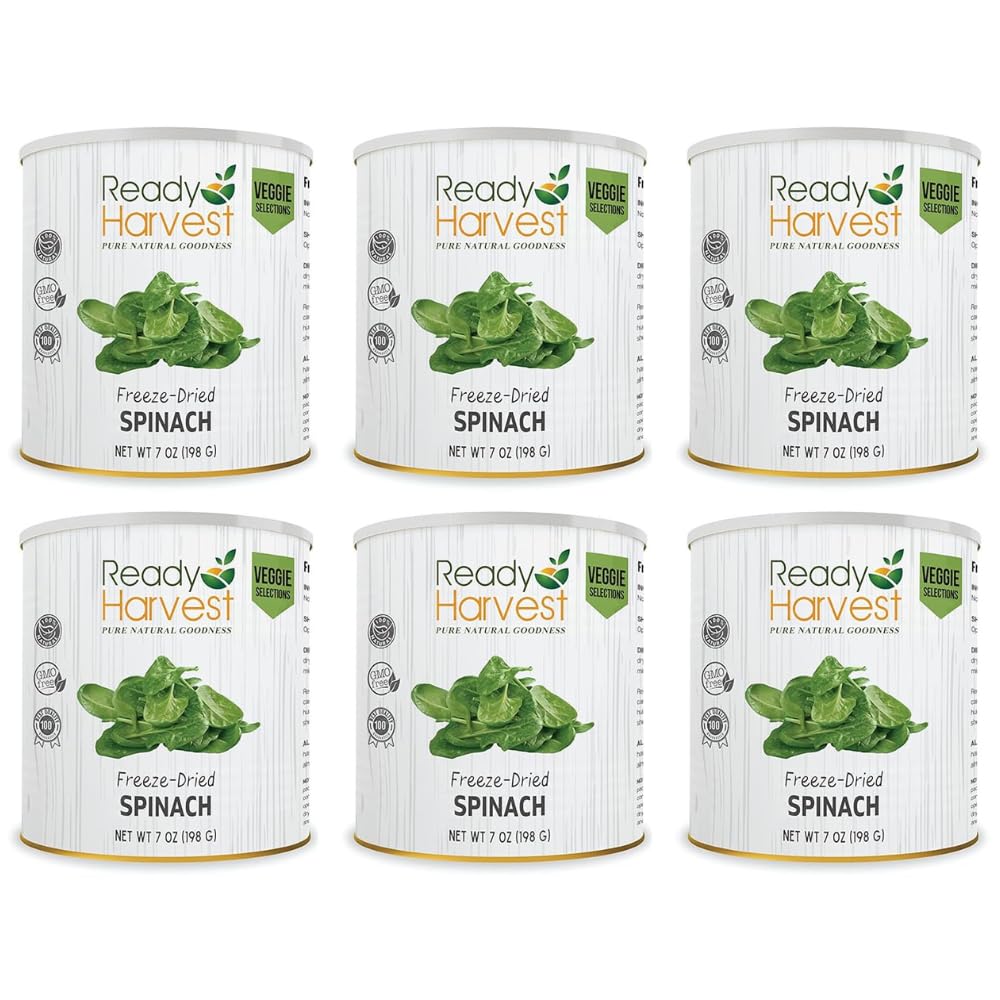 Ready Harvest Freeze-Dried Spinach Canned Vegetables Freeze-Dried Food Pantry Staples Survival Food, Bug Out Bag, Camping Essentials, Veggie Snacks #10 Can | 25-year shelf life 6 cans 7oz each