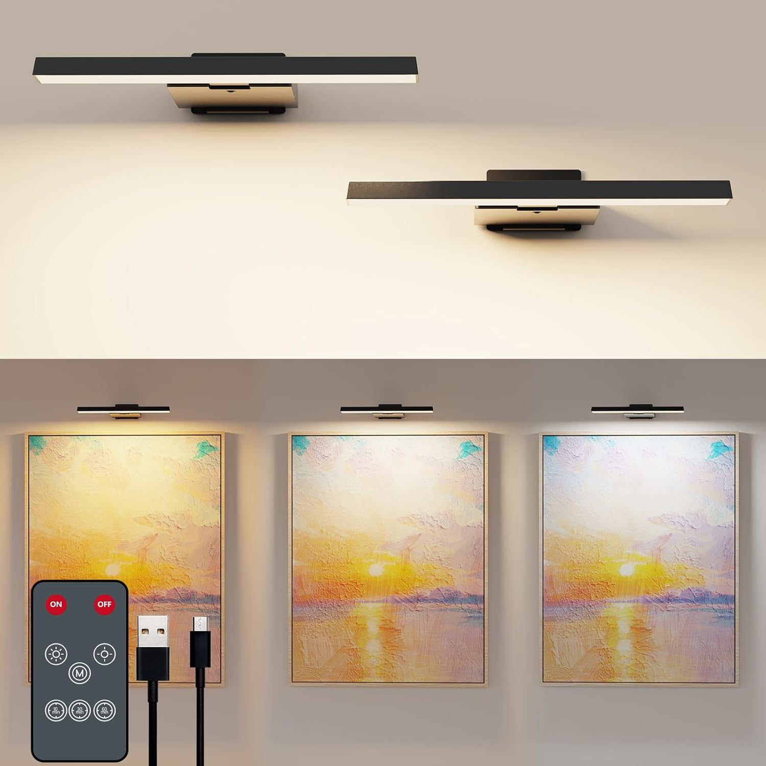 Coollamp 2PACK Picture Lights for Wall, Cordless Dart Board Light, Battery Operated Wall Lights, LED Wall Lights for Pictures,Frames&Art Painting, 3 Color Temperatures, Remote Control, CRI≥95