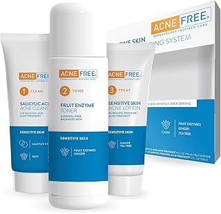 Acne Free 3-Step Acne Treatment Kit with Salicylic Acid Face Wash, Alcohol-Free Toner, & Benzoyl Peroxide Lotion for Sensitive Skin and Fighting Breakouts, 24 Hour Face Clearing System