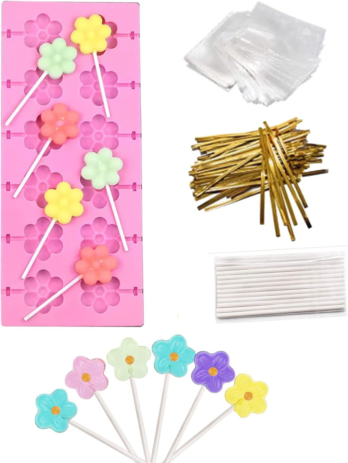 Akingshop 12 Capacity Silicone Lollipop Mold Set, Sucker Molds and Chocolate Hard Candy Mold with 50pcs Lollipop Sucker Sticks, Candy Treat Bags, Gold Ties. (Flower)