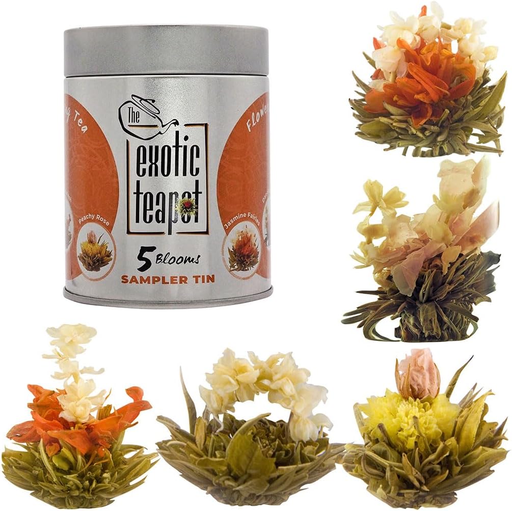 The Exotic Teapot – Flowering Tea Sampler Tin, 5 Assorted Flower Blooms, Jasmine, Fruity Flavours