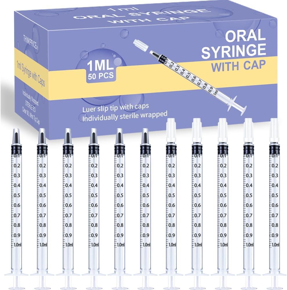 50 Pcs 1ml Syringes with Caps Oral Dispenser Individually Sterile Warpped for Medicine Dropper, Colostrum Collect Feeding Pets, Liquid