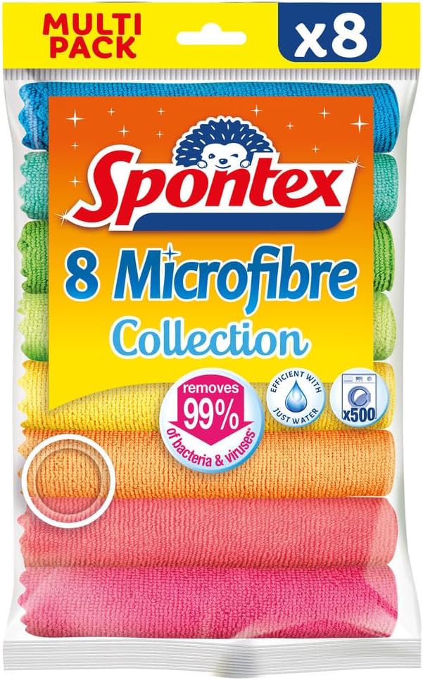 Spontex Microfibre Cloths for Cleaning | 8 Microfibre Collection Cleaning Cloths | For Use as Dusters, Dish Cloths & Kitchen Towels | 30 x 30cm | Assorted Colours | 8 Count