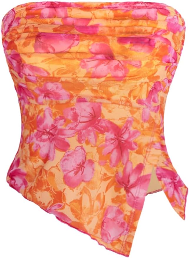 Milumia Women Floral Mesh Strapless Ruched Tube Top Split Hem Sleeveless Bandeau Crop Tops