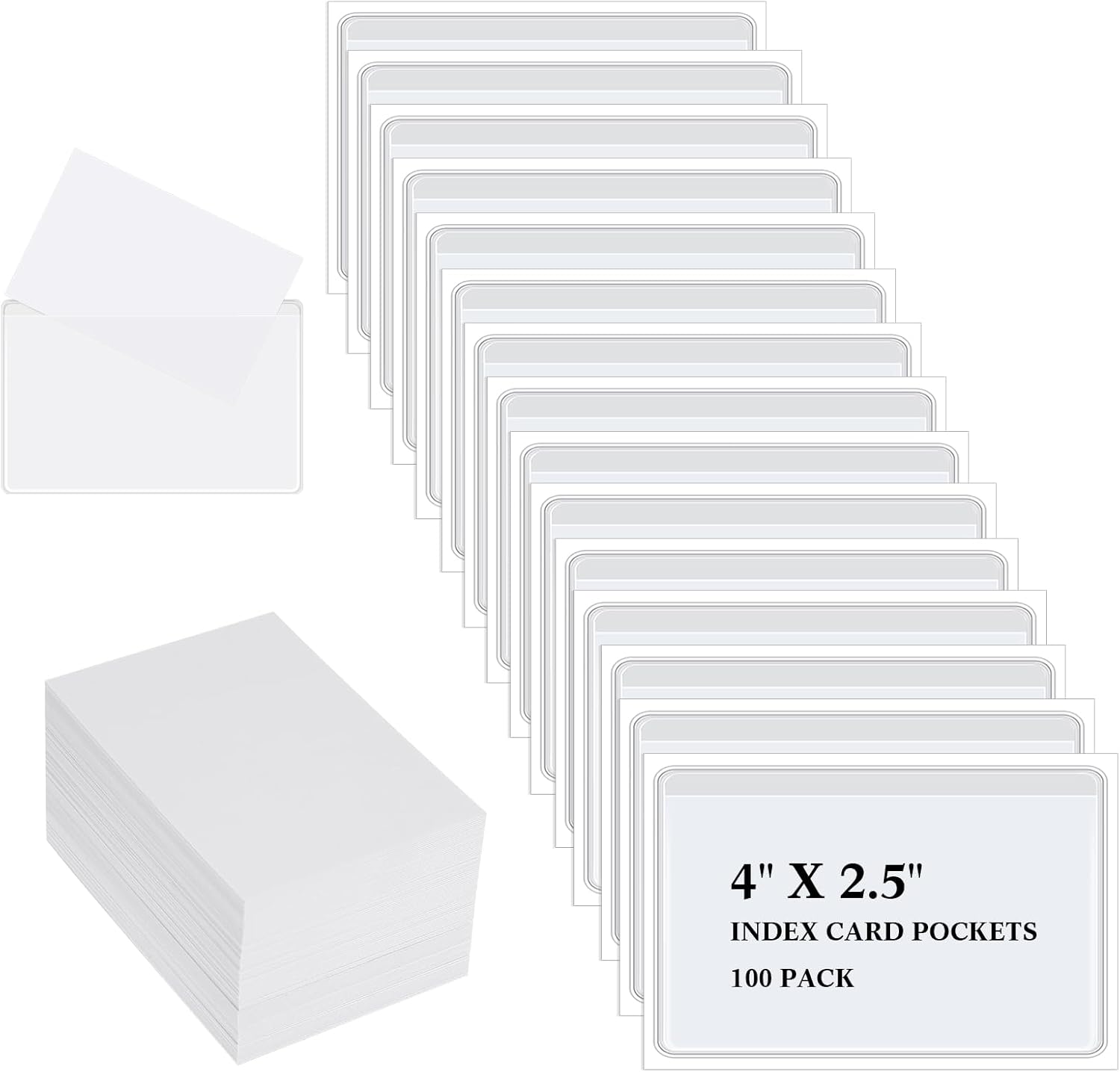 Self-Adhesive Business Card Pockets with 100 Pieces Blank Business Cards Cardstock, Adhesive Clear Pockets Sleeves Label Holder for Index Cards, Protect Your Cards or Photos