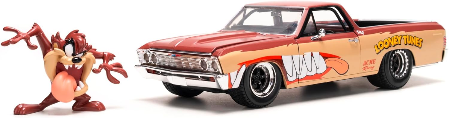 JADA Looney Tunes Chevy EL Camino including Tazmanian Devil Figure, Metal Model Car, 1:24, Doors for Opening, 19 cm, for Fans and Children from 8 Years