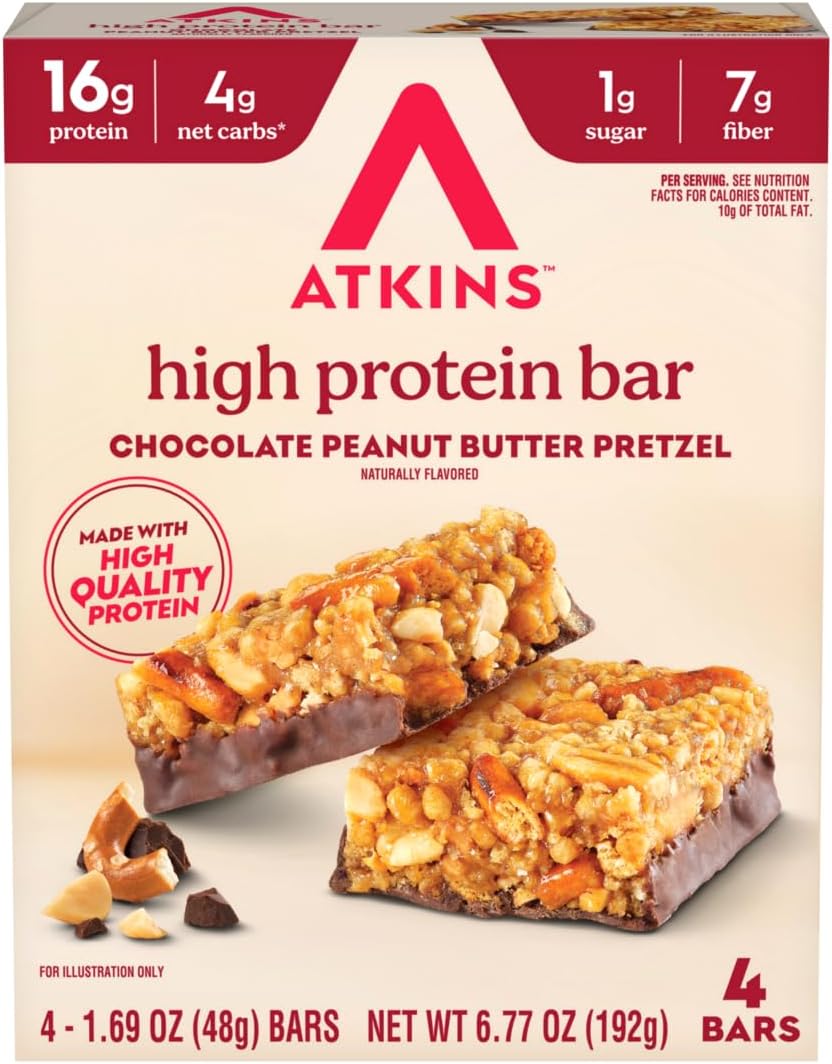 Atkins High Protein Bar, Chocolate Peanut Butter Pretzel, Keto Friendly, Gluten Free, 4 Count (Pack of 1)
