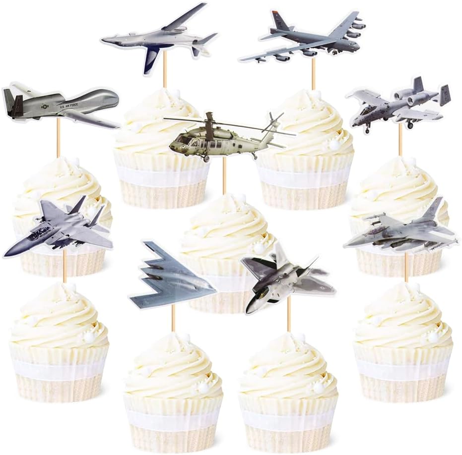 VE Day Air Force Theme Cupcake Topper, Airplane Cupcake Picks, Military Airplane Aircraft Fighter Jet Plane Party Cake Decoration(18pcs)