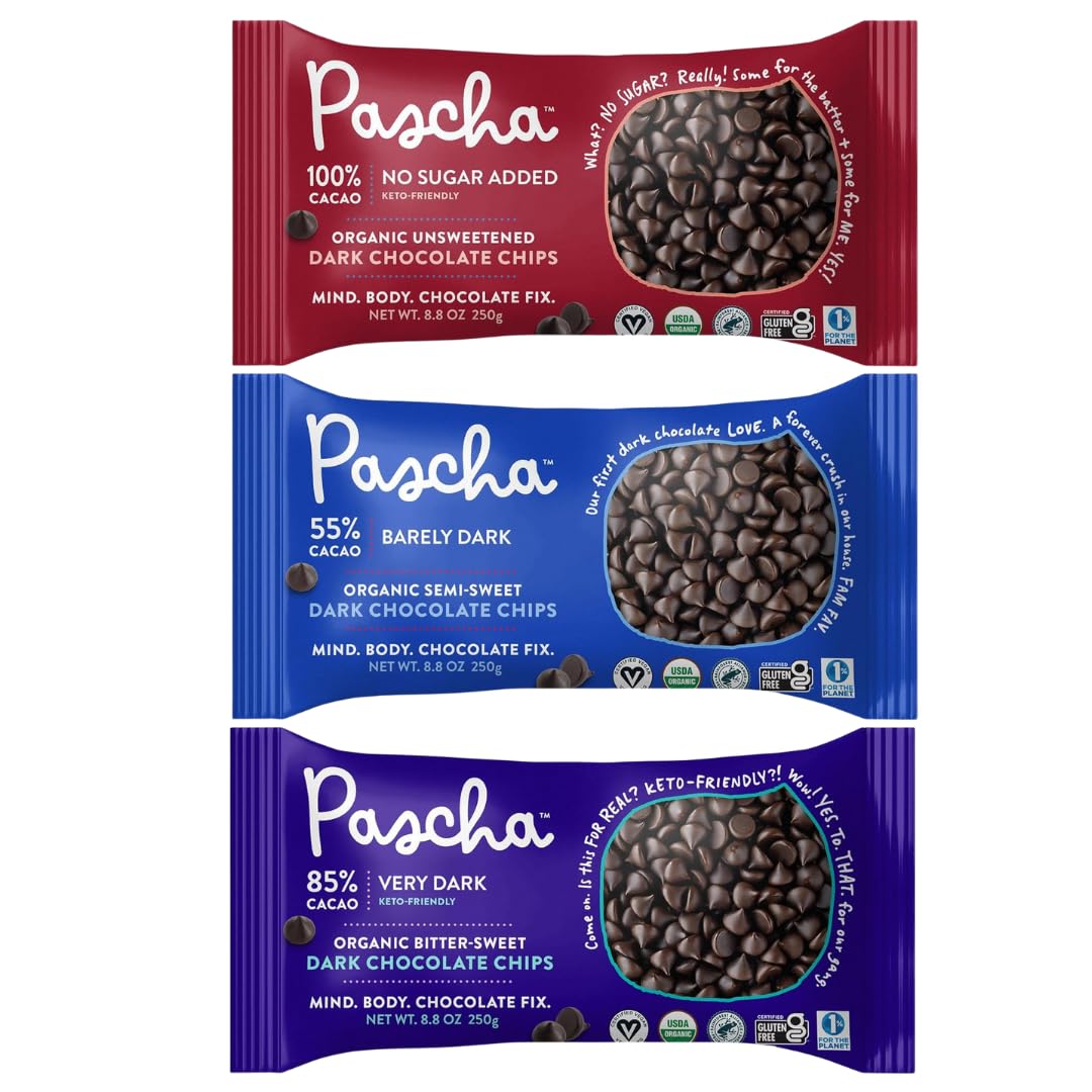 Pascha Chocolate Baking Chips Variety Pack, 8.8 oz Bags (Pack of 3) – 55% Cacao, Dark Unsweetened, 85% Cacao – Organic, Vegan, Dairy-Free Chocolate Chips