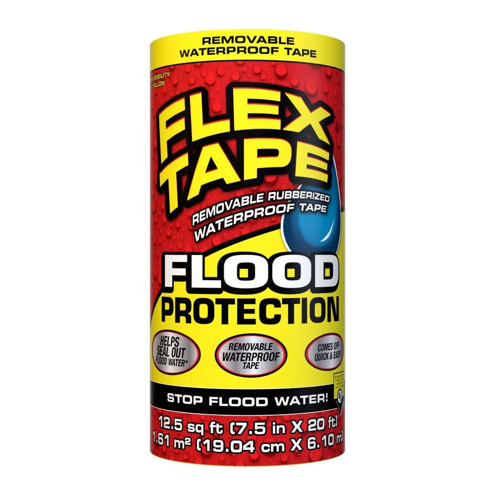 Flex Tape Flood Protection, 7.5 in x 20 ft, Waterproof Rubberized Tape, Removable, Use on Windows, Doors, Garage Doors, Casings, Thresholds, Conduits, Vents, Ducts