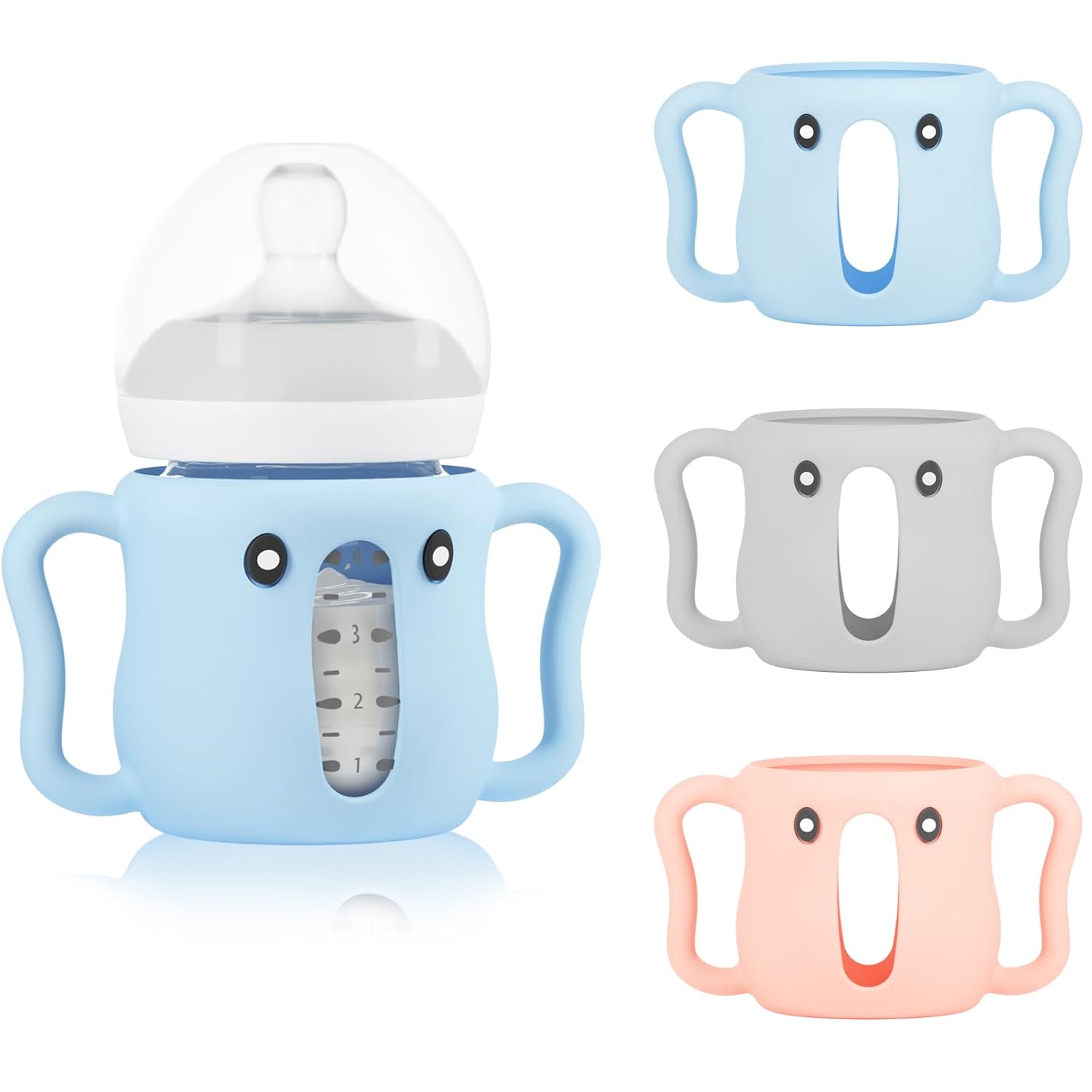 3 Pack Sleeves for Avent Baby Bottle, BPA Free Silicone Sleeves with Handles for Avent Natural Glass Baby Bottles, Anti Breakage Cover for Phillips Glass Avent Bottles (Pink+Blue+Grey, 4 Oz)