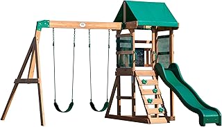 Backyard Discovery Buckley Hill Wooden Swing Set, Made for Small Yards and Younger Children, Two Belt Swings, Covered Mesh Fort with Canopy, Rock Climber Wall, 6 ft Slide Green
