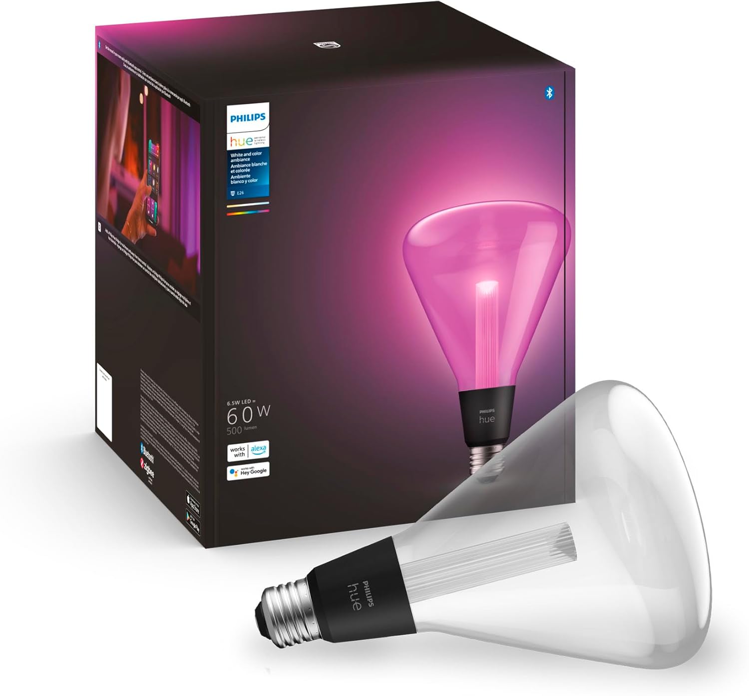 Philips Hue Lightguide TR125 Triangle Smart LED Bulb – Handblown Glass - Color Changing Light - Compatible with Amazon Alexa, Apple HomeKit and Google Assistant - Bluetooth and Hue Bridge Compatible