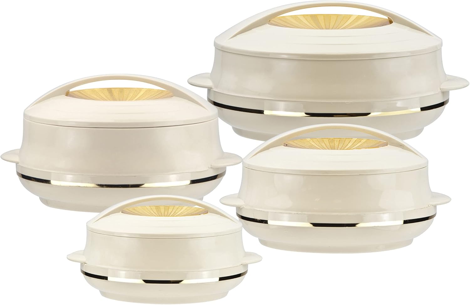 Insulated Serving Dishes with Lids - 4 Piece Olympic Thermal Hot Food Containers Set 0.8, 1.2, 1.6 and 2.5Liters, Beige