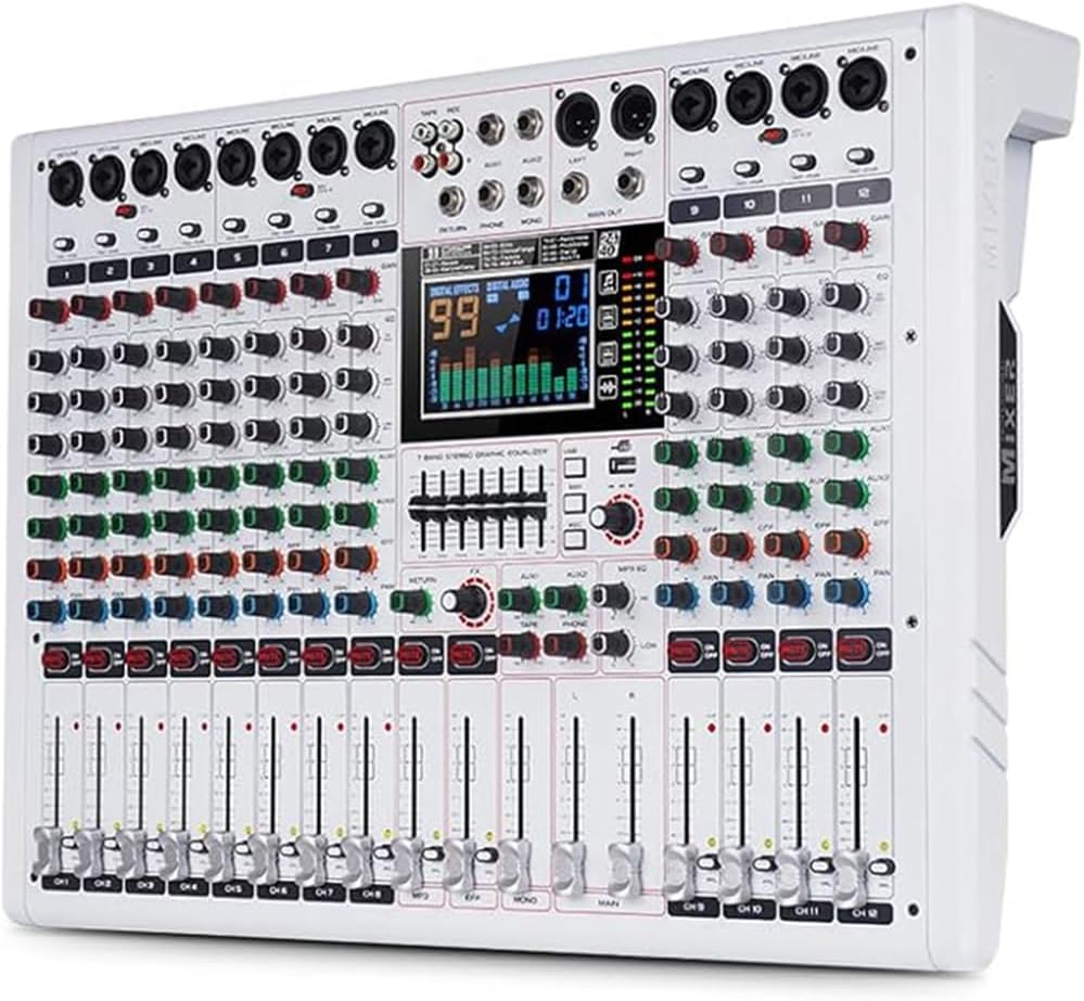 GF12 PRO Multi-Function 12-Channel Audio Mixer Large LCD Color Screen Stage Performance Mixer Isolated Independent Mute Built-in 7-Stage Equalizer and 99 Reverb DJ Mixer for Performances