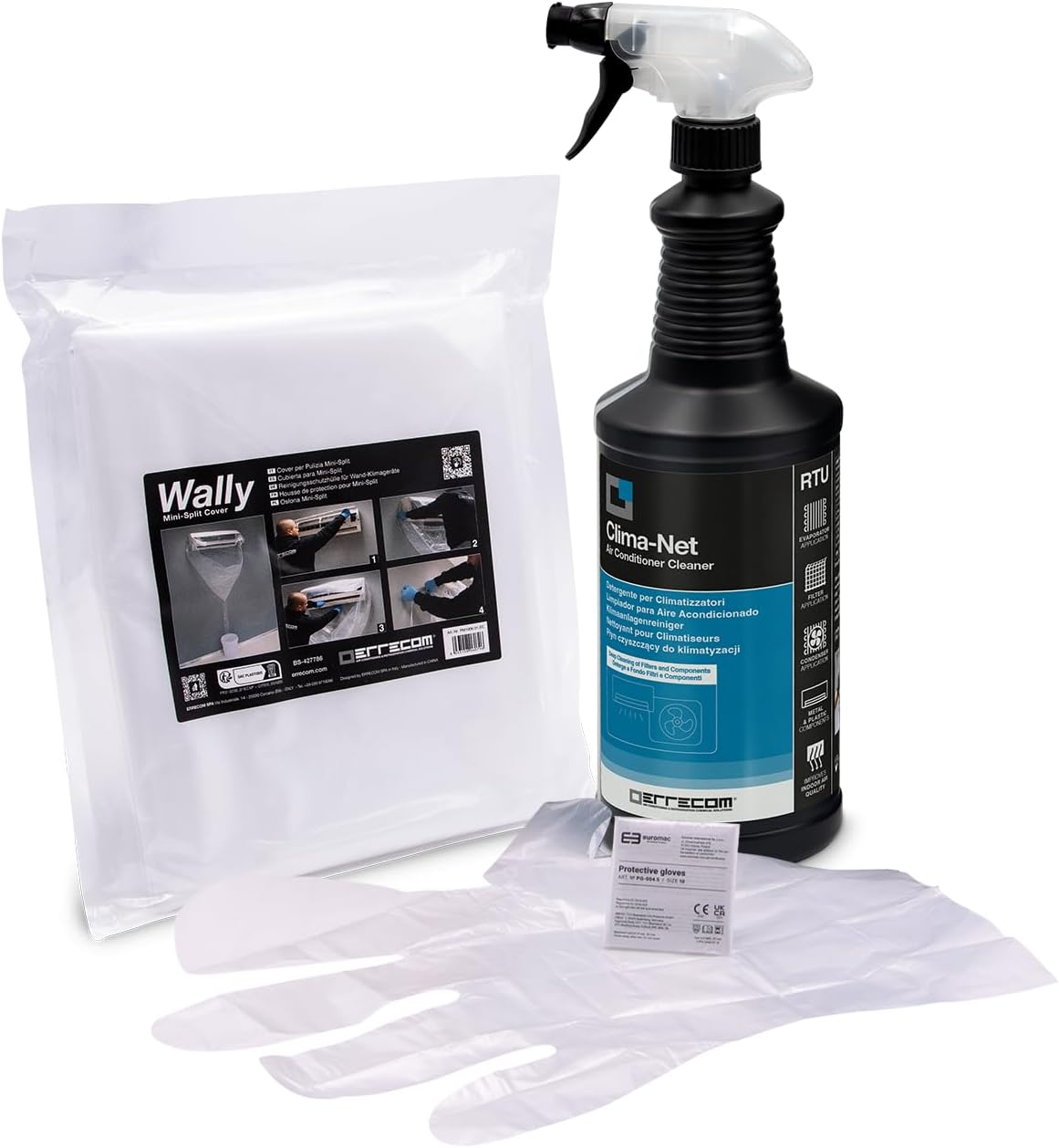 ERRECOM Cleaning Kit for Air Conditioners, includes Clima-Net (1 L), A/C Filter and Coils Cleaner, and Wally, A/C Cleaning Cover Bag
