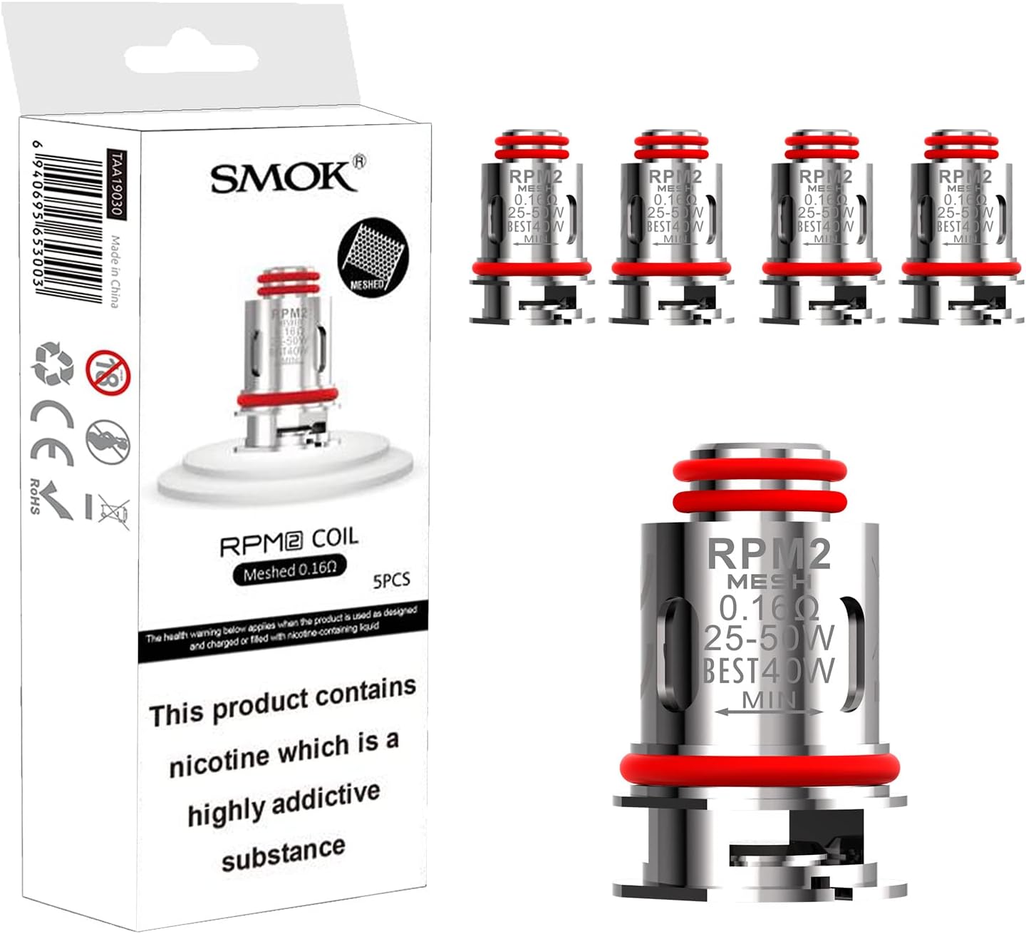 SMOK RPM 2 Replacement Coils, 0.16 Ohm, Mesh Coils, High-Performance, Rich Flavor, Dense Vapor Production, Works With RPM C, IPX 80, Nord 4, RPM2, SMOK Vaping Coils, Pack of 5, No Nicotine