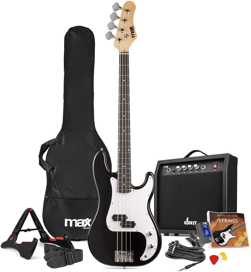 Max GigKit Beginner Bass Guitar Pack - Full-Size Electric Learner Bass Guitar Starter Set in Black, 40W Amp, Bag, Strap, Tuner, Lessons & Accessories Included - Ideal Starter Pack for Beginners