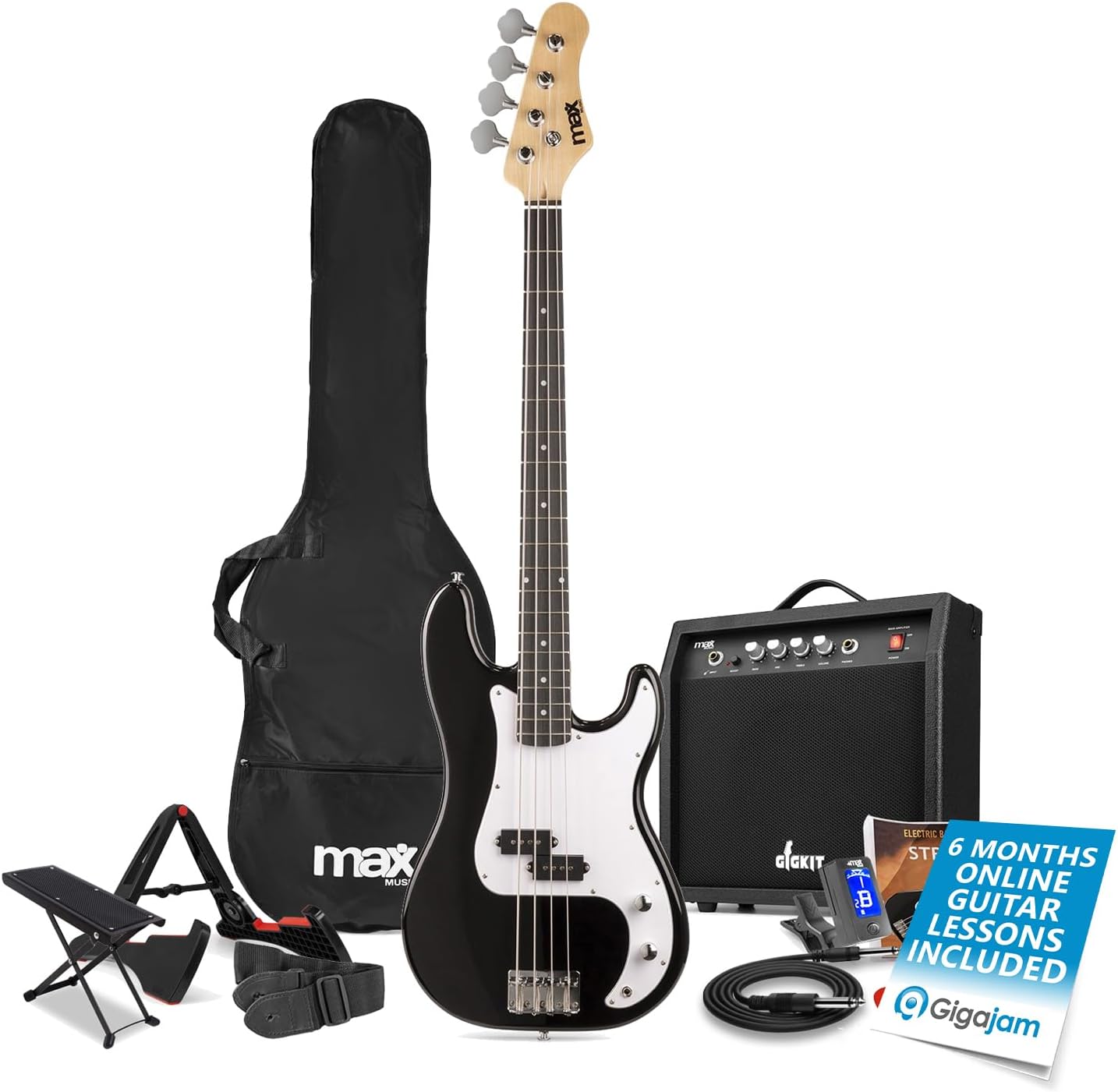 Max GigKit Electric Beginner Bass Guitar Package Plus - Complete Starter Bass Guitar Kit with Accessories & 6 Months Online Lessons for Learner Bass Guitarists - Black