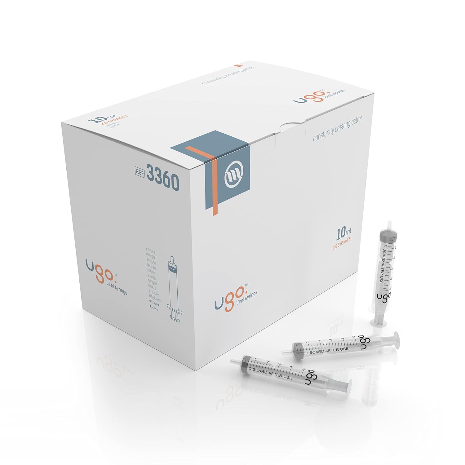 Ugo 10ml Empty Syringe (x100) Sterile Hypodermic Syringe – Disposable, Single-Use, No Needle, Medical Liquid Dispenser for Measuring and Refilling