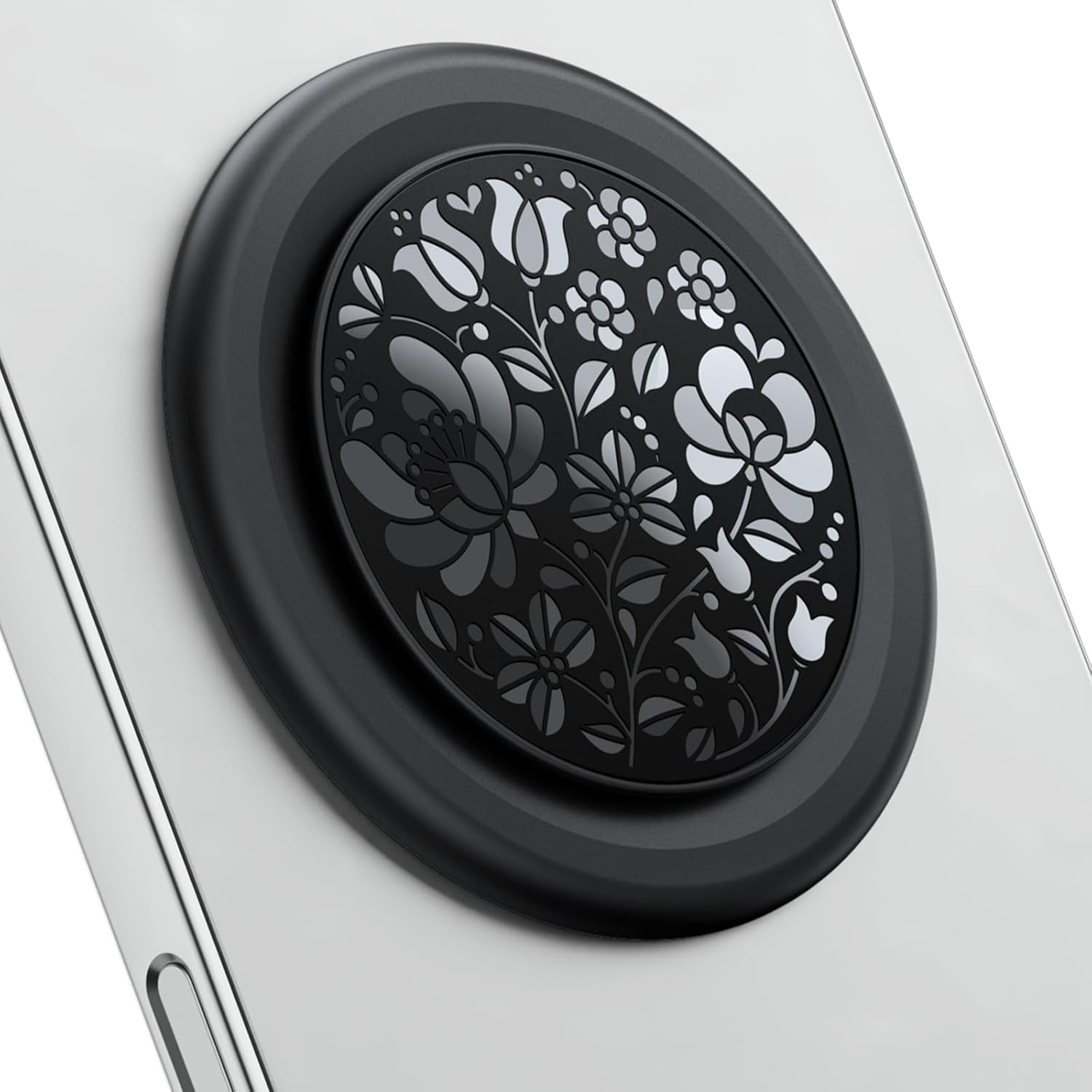Slim Adhesive Phone Ring Holder – Foldable Grip and Kickstand Compatible with iPhone & Android – 360° Rotation, Ultra Thin and Strong Hold - Black Floral