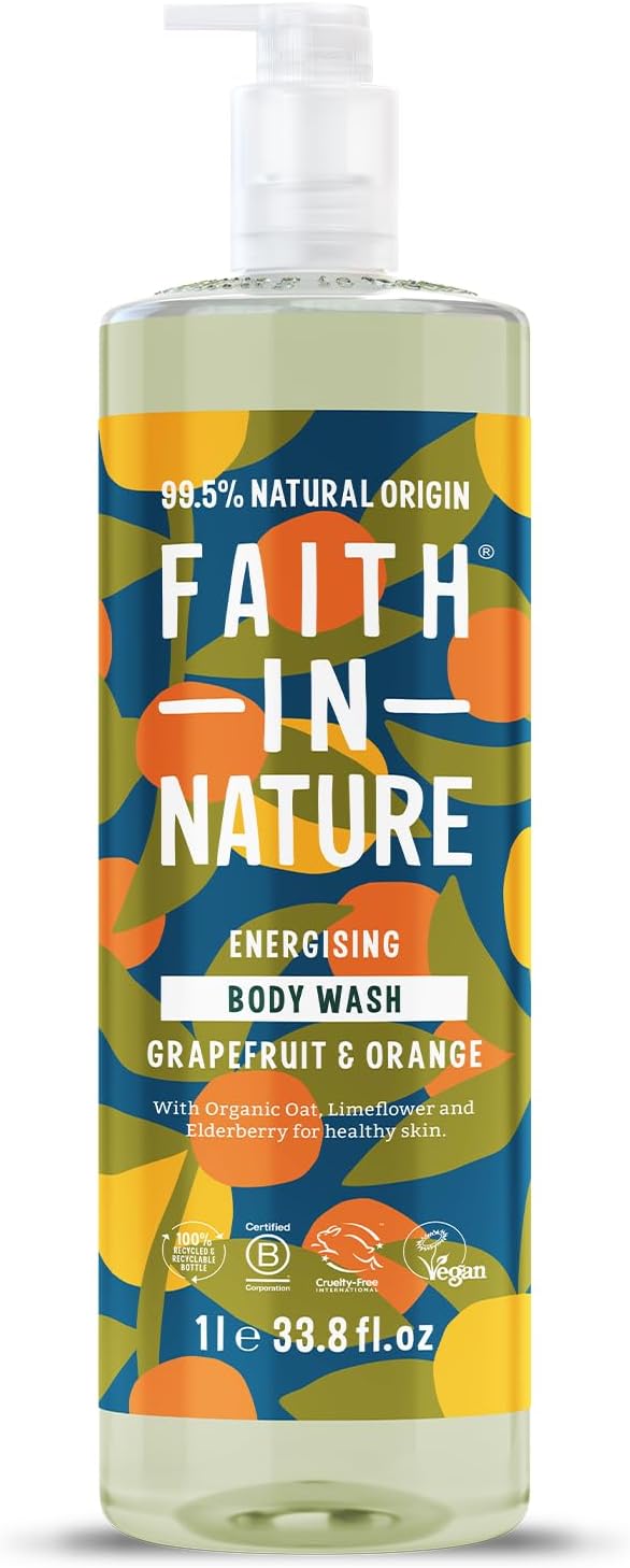 Faith In Nature 1L Natural Grapefruit & Orange Body Wash, Energising Shower Gel, Vegan and Cruelty Free, No SLS or Parabens, Family Size