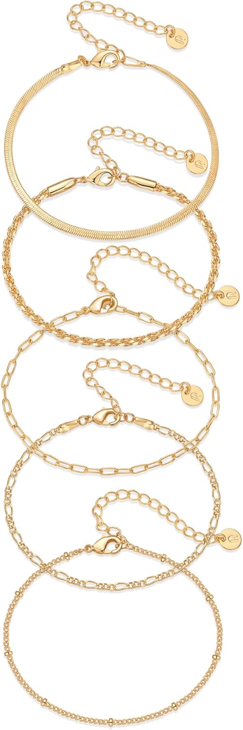 PAVOI 18K Gold Plated Chain Bracelet Pack for Women | Jewelry Set of 5 Stackable Bracelets Paperclip Snake Rope Figaro Beaded Chains