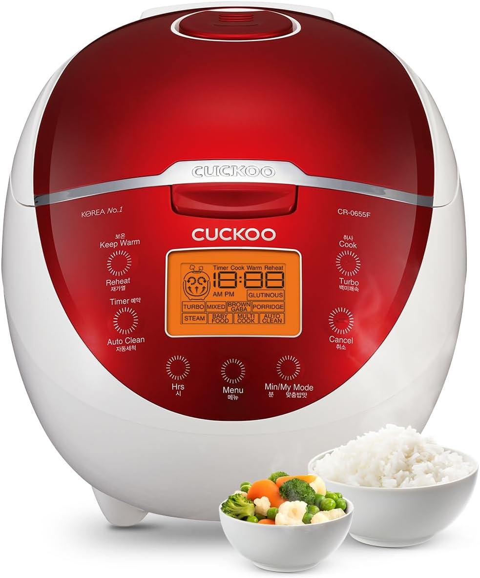 CUCKOO CR-0655F Micom Rice Cooker & Warmer, 6 Cups, LCD-Display 11-Menu Options, Turbo, Mixed, and Brown/GABA, Porridge, Steam MultiCook, My Mode, 16-Various Cooking Methods, Plastic, Red/White