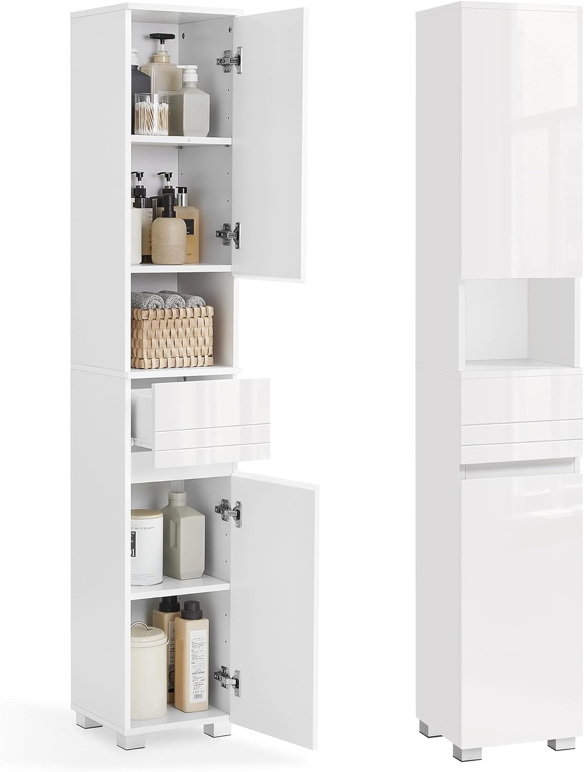 VASAGLE Tall Bathroom Cabinet, Slim Storage Cabinet, Narrow Cupboard, Bathroom Storage Unit, with a Drawer, Adjustable Shelves, 30 x 30 x 170 cm, White BBC560P31
