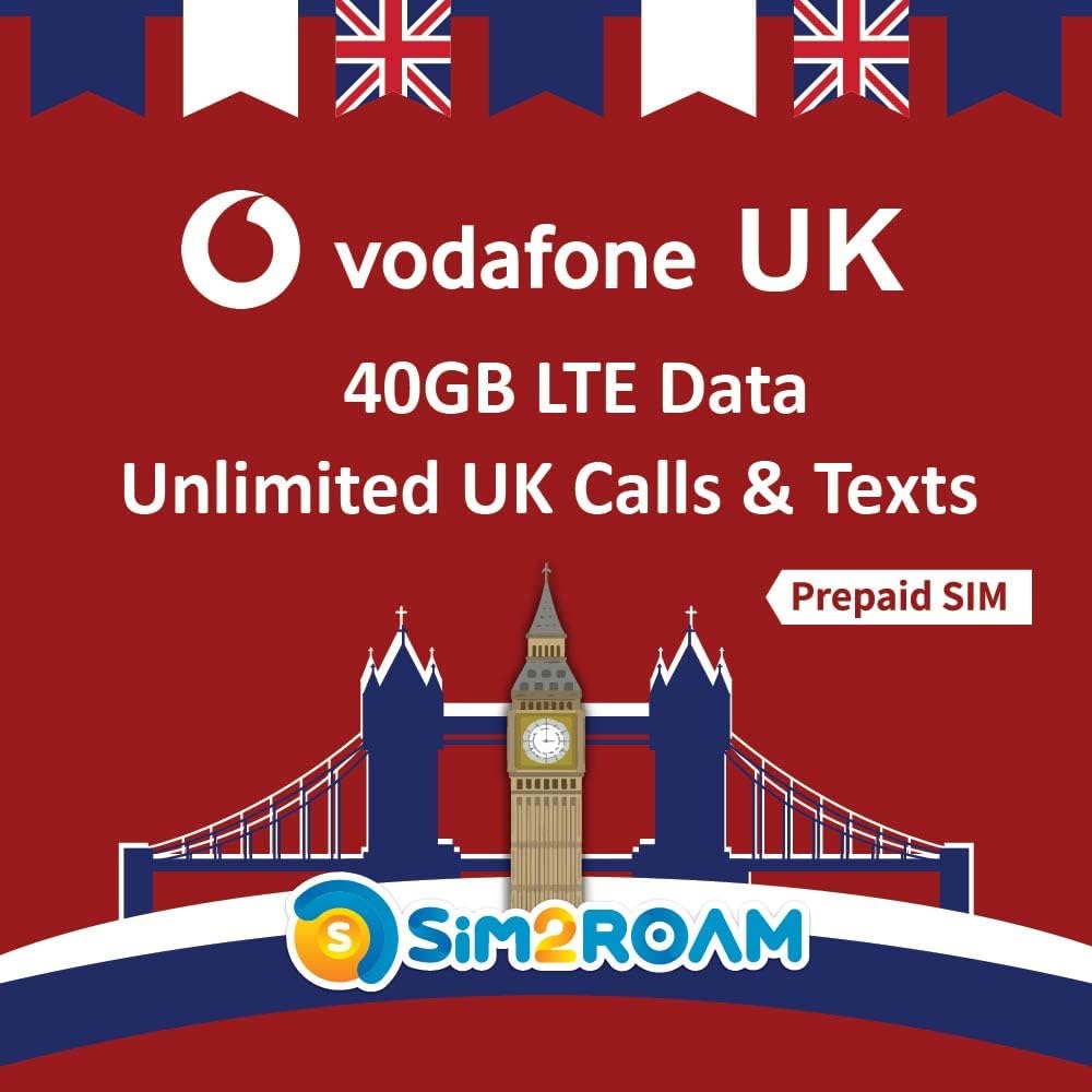 Vodafone UK Sim Card - 40GB at 4G LTE High Speed Data + Unlimited UK Minutes & Texts | United Kingdom Sim Card